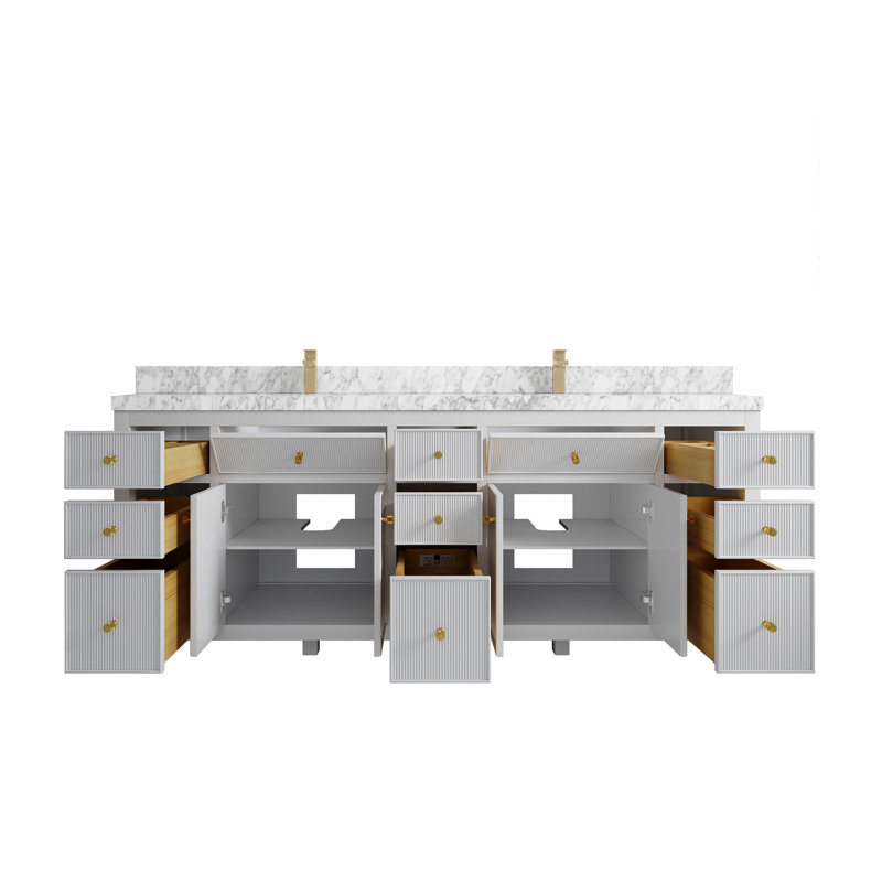 84'' Double Bathroom Vanity with Top, White, Carrara Marble White