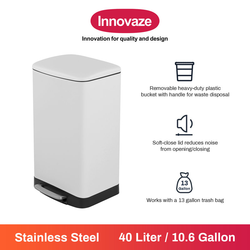 Poubelle à pédale rectangulaire en acier inoxydable 10,6 gallons / 40 litres Innovaze