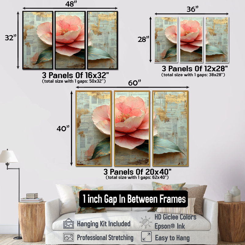 Ensemble de salon rose et doré Camellia Winter I - Camellia Wall Art, Toile avec cadre flottant noir