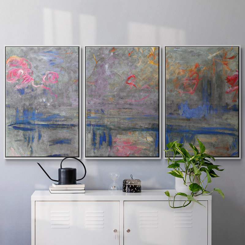 Monet - 3 pièces, reproduction encadrée sur toile, H 24 po x l 48 po x P 2 po, Blanc