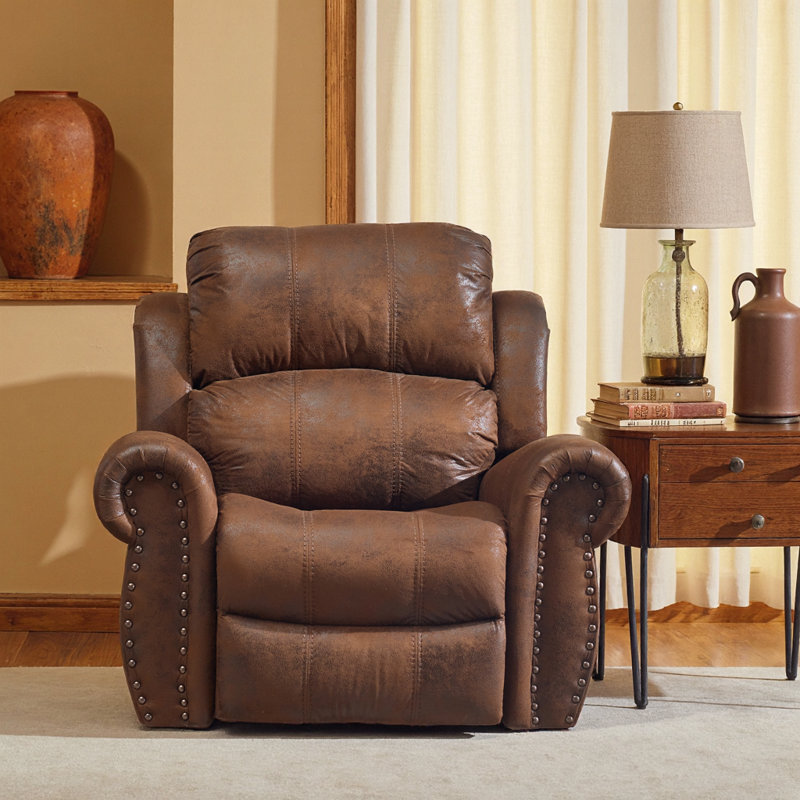 Faulks Manual Glider Recliner with Nailhead Trim, Brown Microfiber