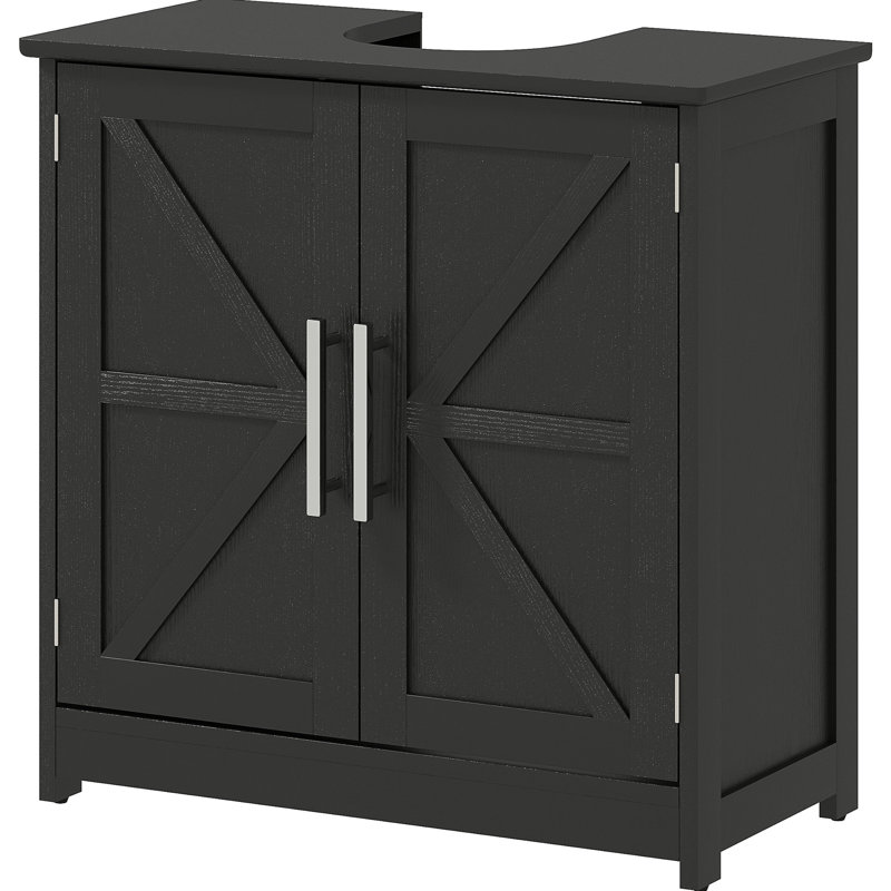 Rangement pour lavabo de salle de bain pour lavabos sur piédestal, 2 portes de grange, solution de rayonnage réglable, fente en U de 7,9 po, mécanisme de basculement, base antidérapante, taille de 23,6 po, armoire à finition noire patinée, tablette