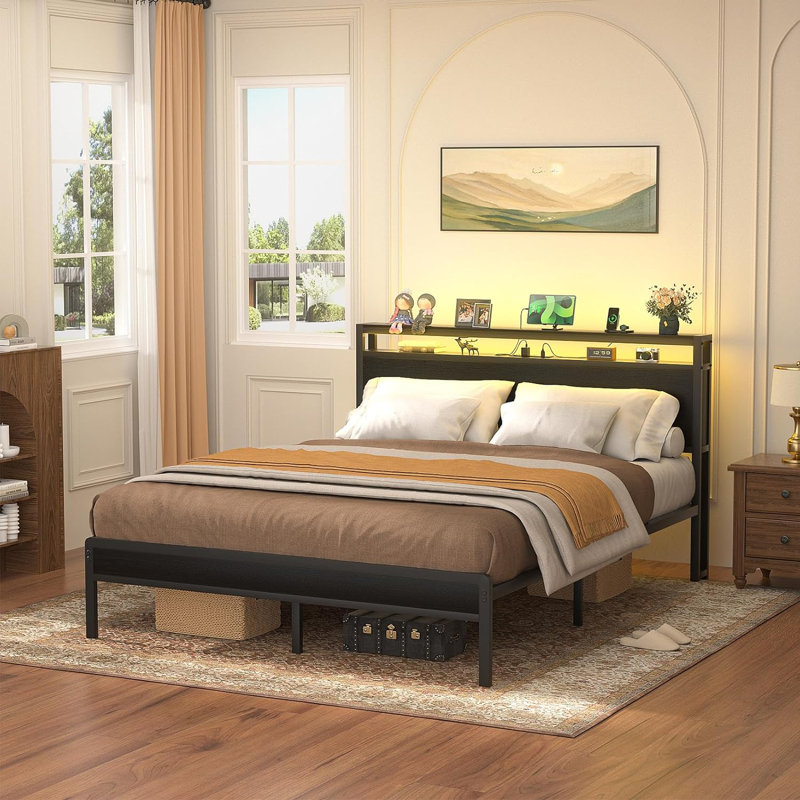Jaquaya Bed Frame with Charging Station and Led Lights, Black, Queen