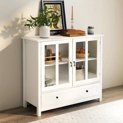 Double Glass Doors Buffet Cabinet With Customizable Storage Options - White Sideboard For Living Room And Kitchen Adjustable Shelf & Large Drawer Or
