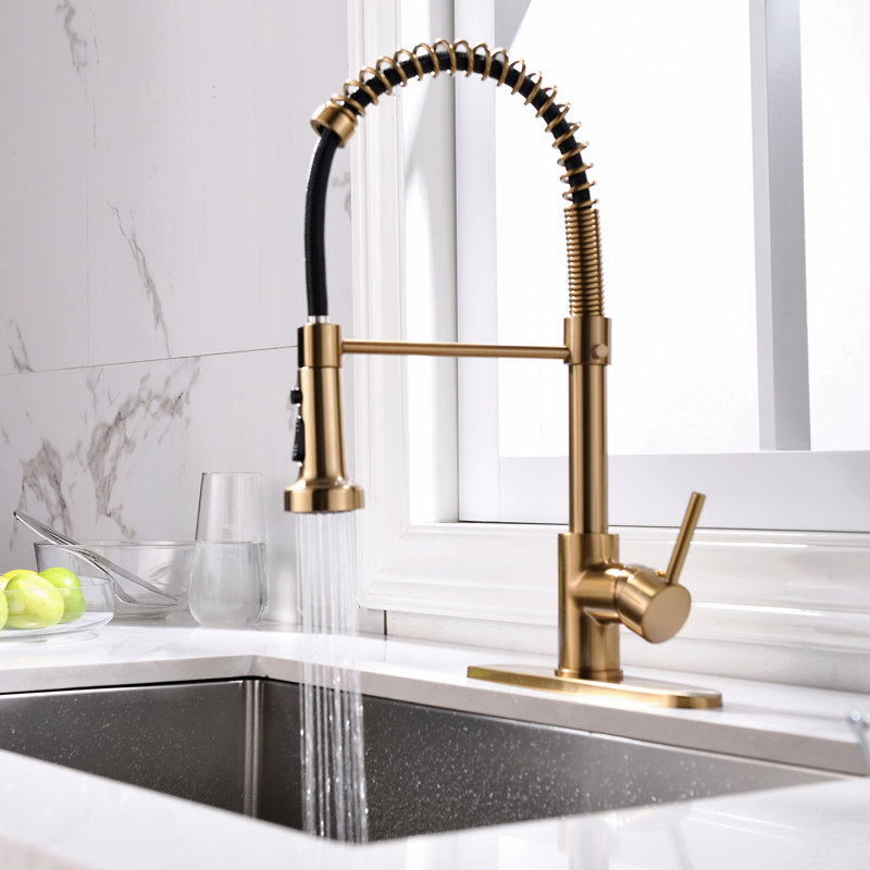 Robinet de cuisine avec douchette rétractable, robinet d'évier de cuisine à poignée simple avec plaque de pont, Or brossé