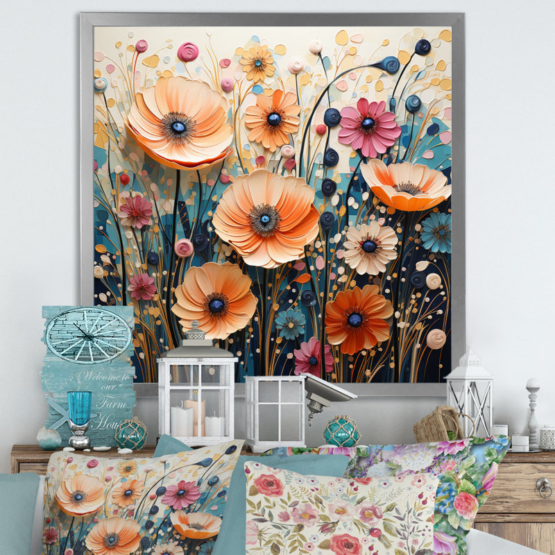 Motif abstrait pointillisme de fleurs sauvages sur toile, H 24 po x l 24 po x P 1 po, Cadre simple argenté