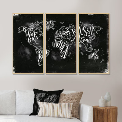 " Vintage Chalk Worldmap " 3 - Pieces Painting Print