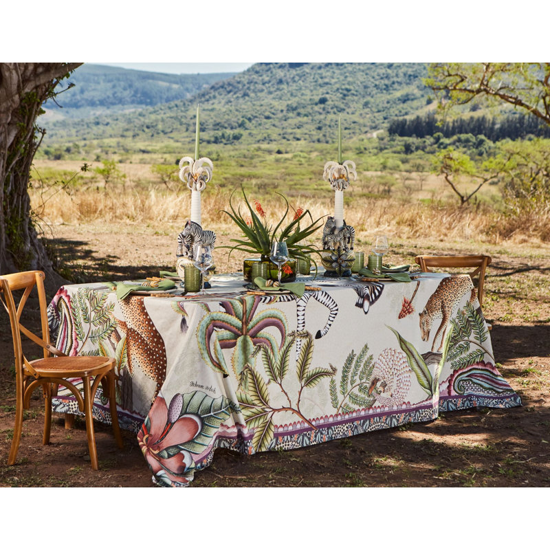 Ardmore Cotton Tablecloth, Beige/Green, 94" Rectangle