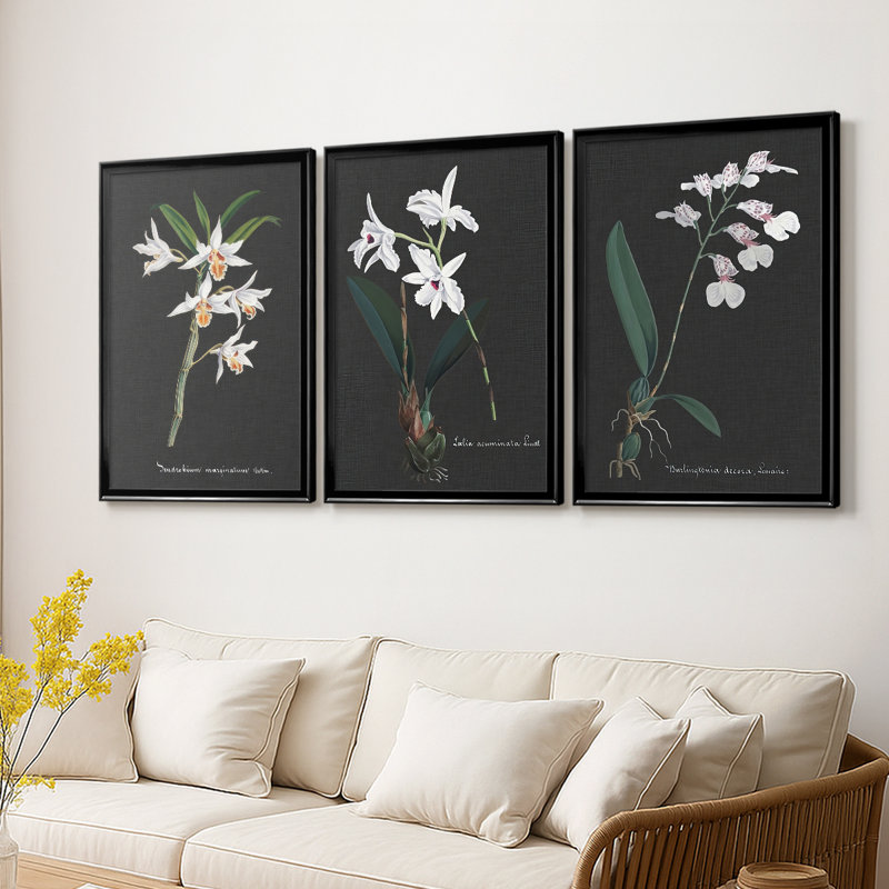Orchid on Slate IV  -Custom Framed  Wrapped Gallery Canvas - 3 Pieces, Black, 21" H x 30" W