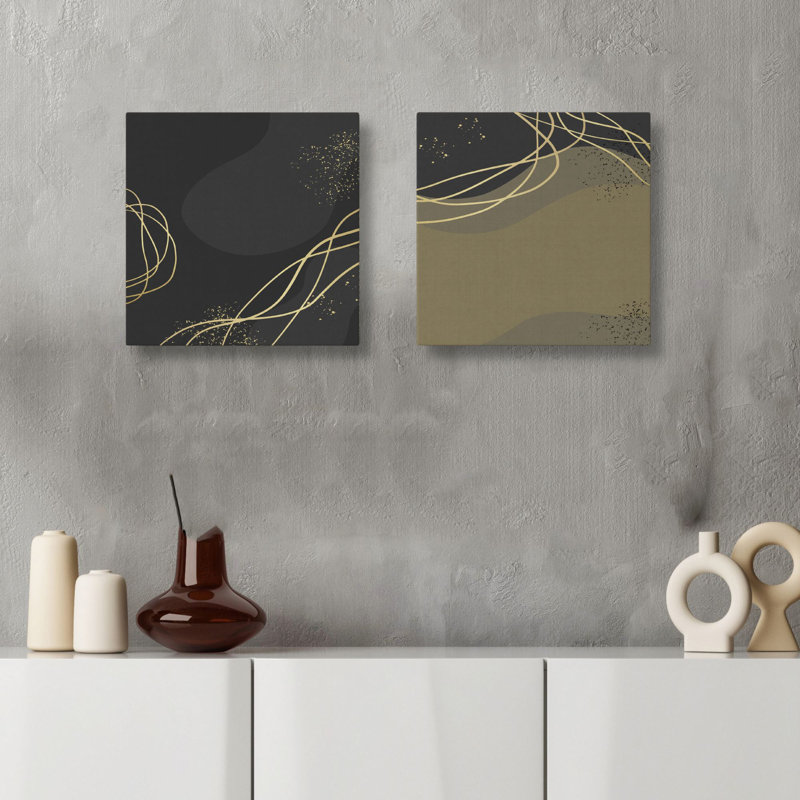 Stunning Decorative Canvas Painting Set (2 Pieces), Gold & Black, 15.7 x 15.7 inches Each | 100% Canvas with 100% Wooden Frame | Perfect for Home Decor, Modern Art Aesthetic, Elegant and Eye-Catching Design