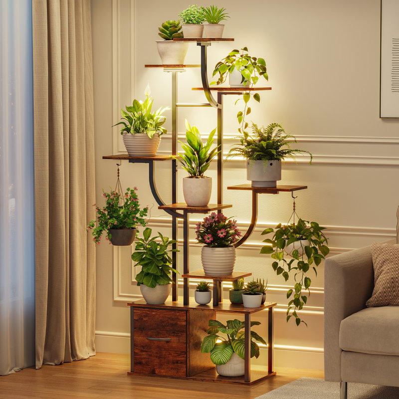  9-Tiere Indoor Plant Stand With Adjustable Grow Lights, Metal Frame Plant Shelf