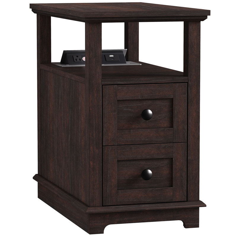 2 Drawers End Tables with Storage and Fast Charging Station for Living Room, Dark Brown, 1 unit