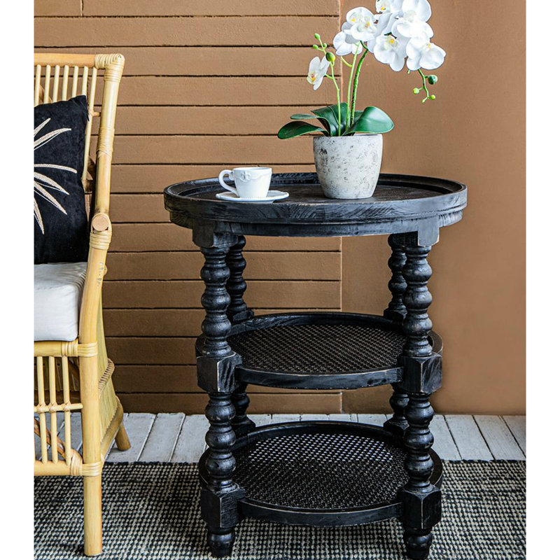 Table d'appoint en bois noir et pieds tournés avec motif à finition ronde et motif organique