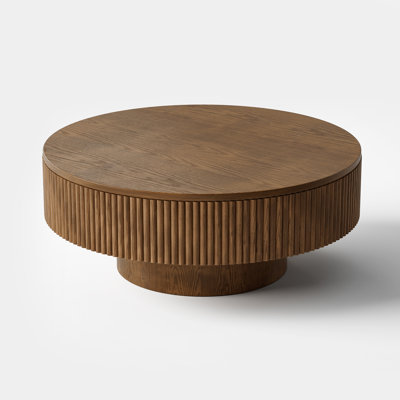 Sharna Pedestal Round Coffee Table, Handcrafted Solid Wood Fluted Design