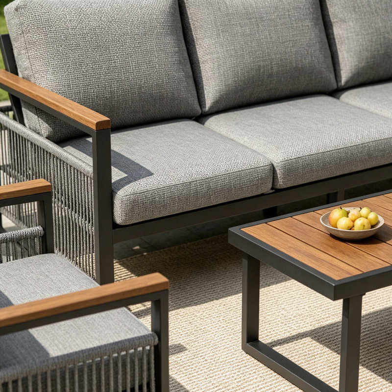 4-Pieces Outdoor Metal Patio Furniture Set, 5-Seat Patio Furniture Sofa Set With Cushion, Modern Outdoor Furniture Deep Seating For Porch, Garden, Backyard, Balcony, Grey & Natural, Outdoor Patio Sofa Outdoor Set