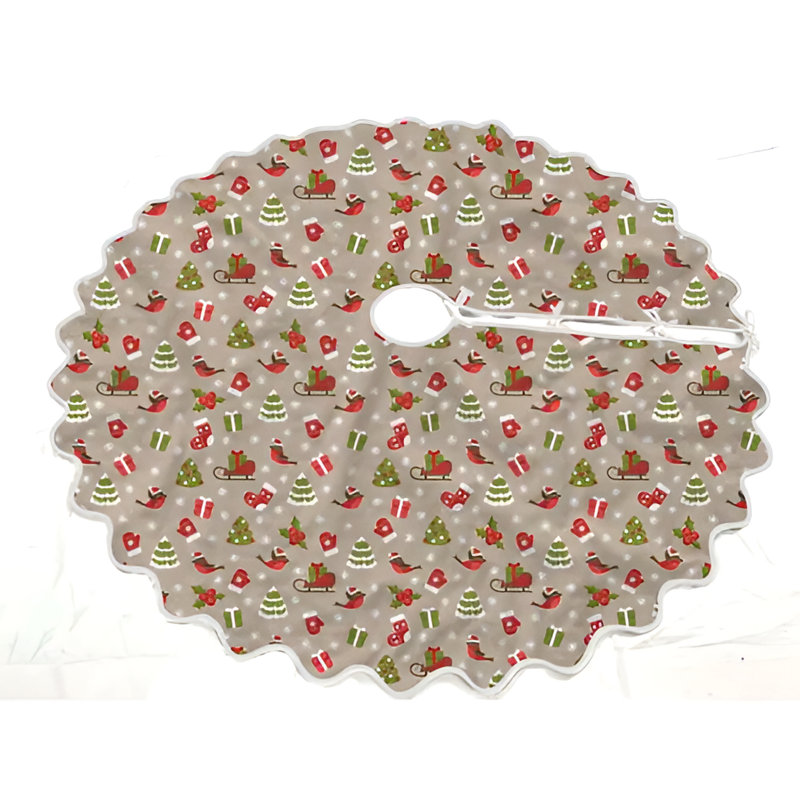 Jupe d'arbre de Noël imprimée festonnée - 54 po de diamètre, Blanc avec motif d'oiseau