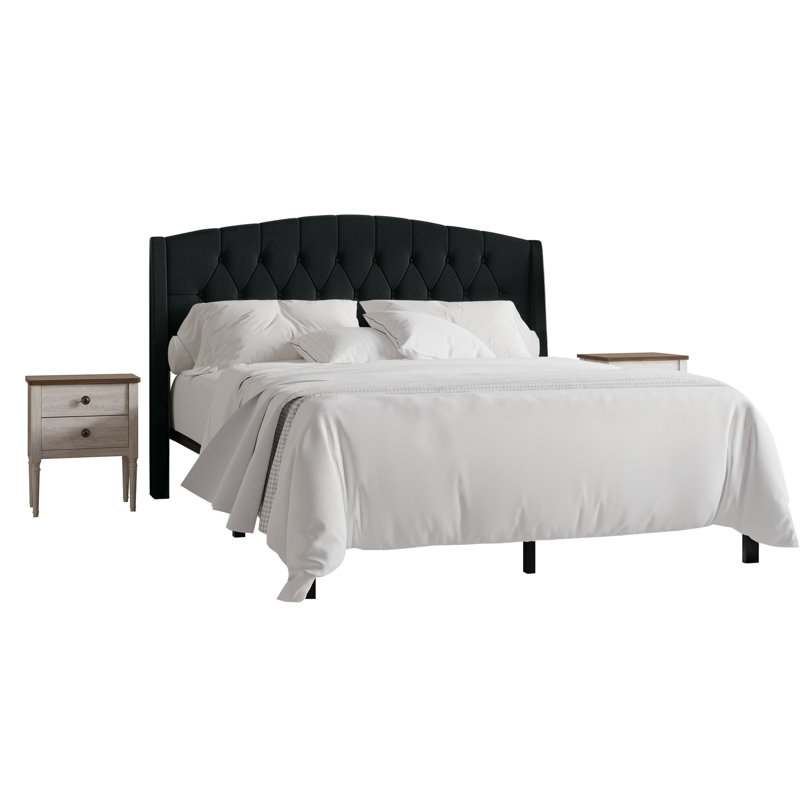 Lit rembourré avec 2 tables de chevet en lin Rissie, Gris anthracite, Double