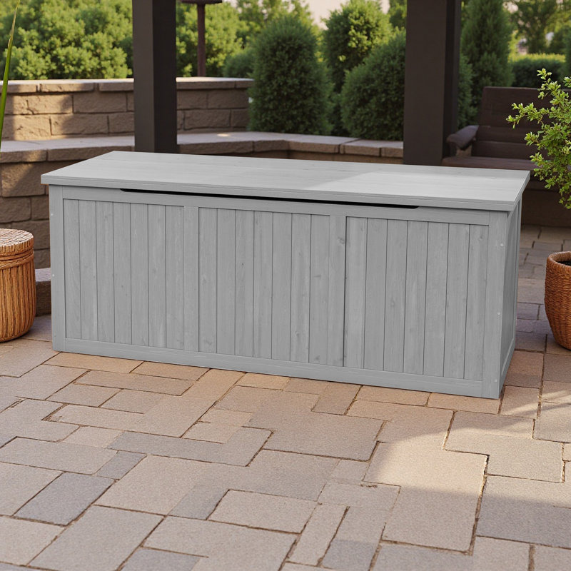 112 Gallon Outdoor Wooden Deck Box Solid Wood Storage Box Seat & Table Top For Patio Furniture Cushions, Pool Toys & Garden Tools (grey)