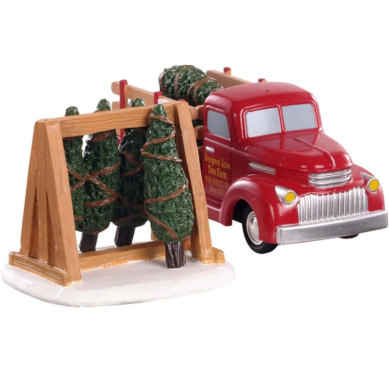 Figurine de livraison de sapin de Noël, scène de transport de sapin dans un village de Noël, décoration de Noël d'hiver