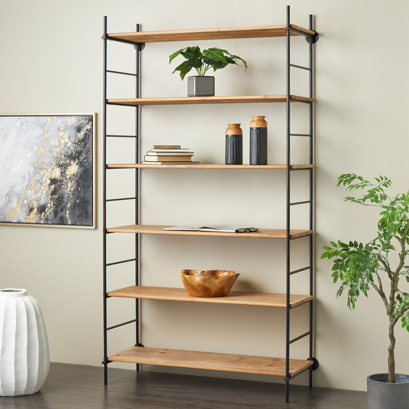 Cole And Grey Wood Rectangular 6 Level Shelving Unit With Black Metal Ladder Frames, 87" H x 48.5" W x 18.5" D