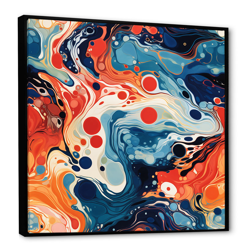 Bleu et orange, liquide, encre de rivière II - encre liquide, art mural abstrait, Cadre flottant noir