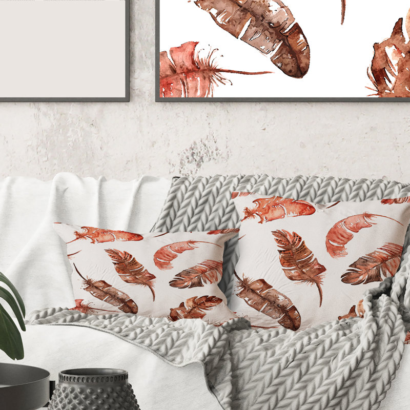 Ethinic Orange Feathers - Bohemian & Eclectic Printed Throw Pillow, 18" x 18"
