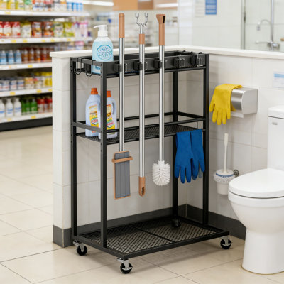 All-In-One Cleaning Cart With Broom Holder And Storage Shelves, Freestanding Janitorial Organizer With Wheels For Laundry Room, Kitchen, Bathroom And Utility Closet