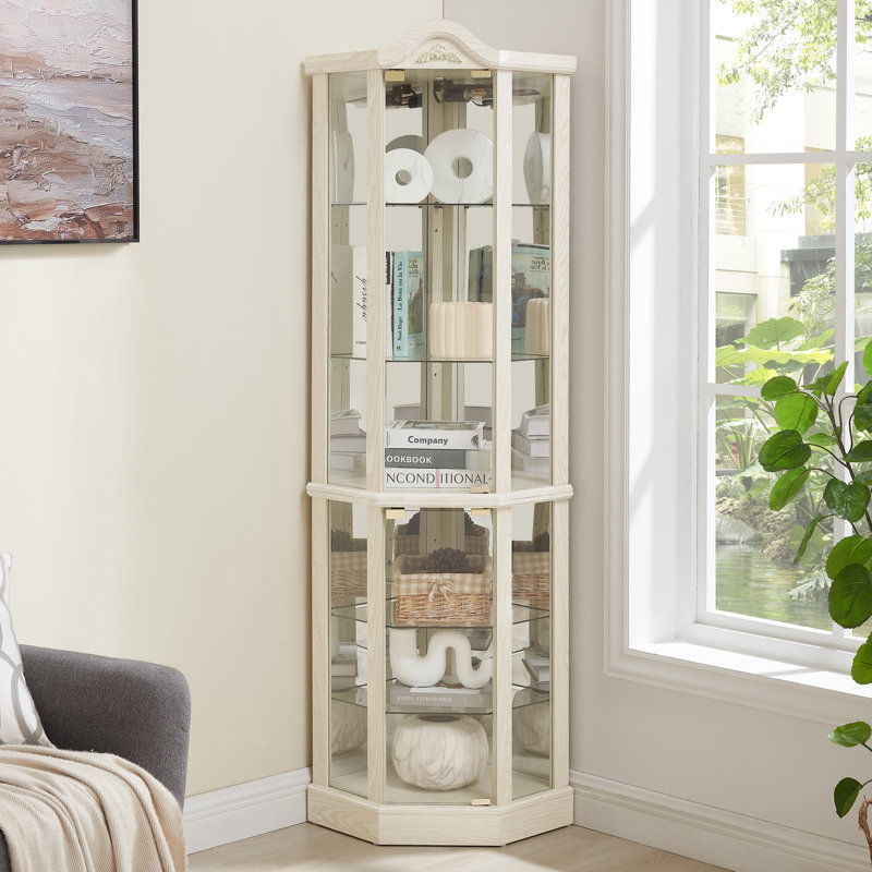 Vaisselier de 72 po de hauteur avec tablettes lumineuses, vitrine en bois sculpté en MDF avec portes en verre et panneau arrière en miroir