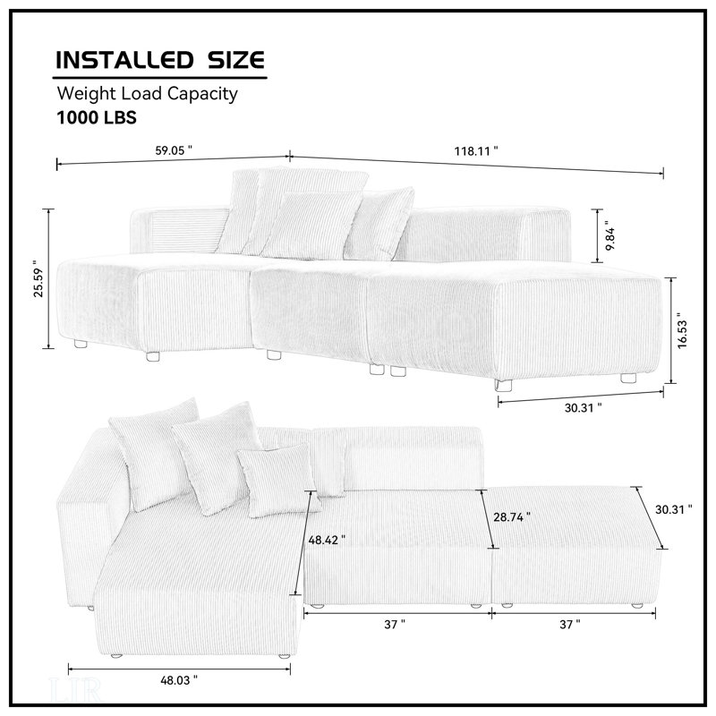 Canapé et chaise rembourrée Dubava, Tissu gris, H 25,59 po x l 118,11 po x P 59,05 po