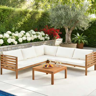 Ensemble de conversation modulaire pour patio en bois d'acacia à 5 personnes avec coussins