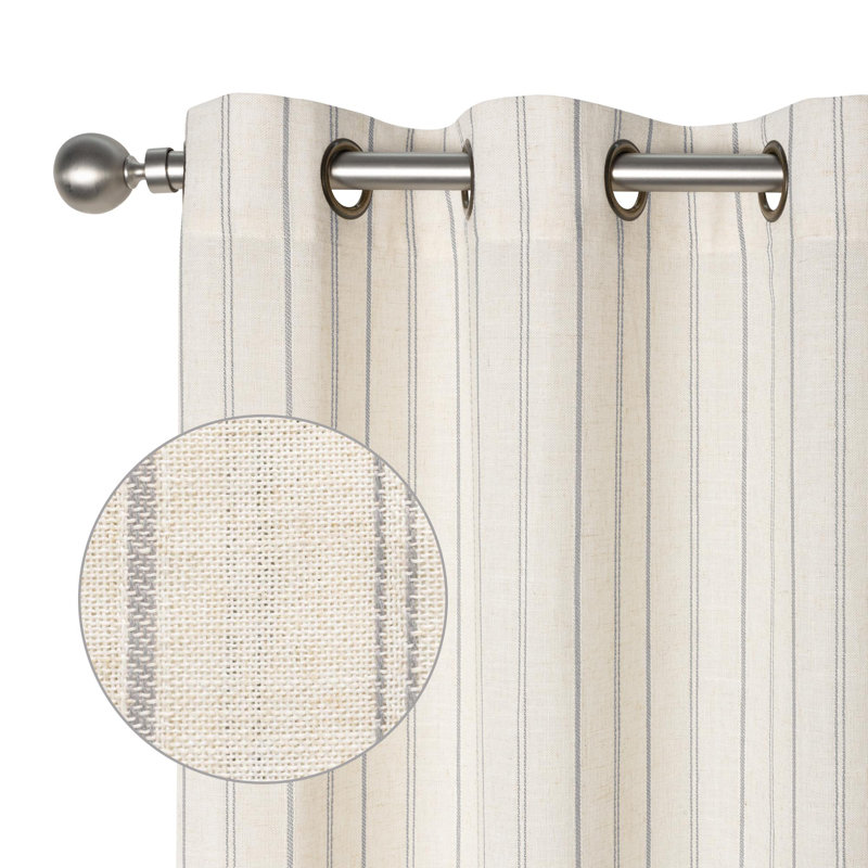 Farmhouse Linen Blend Stripe Semi-Sheer Grommets Curtain Pair, Gray, 52" W x 102" L