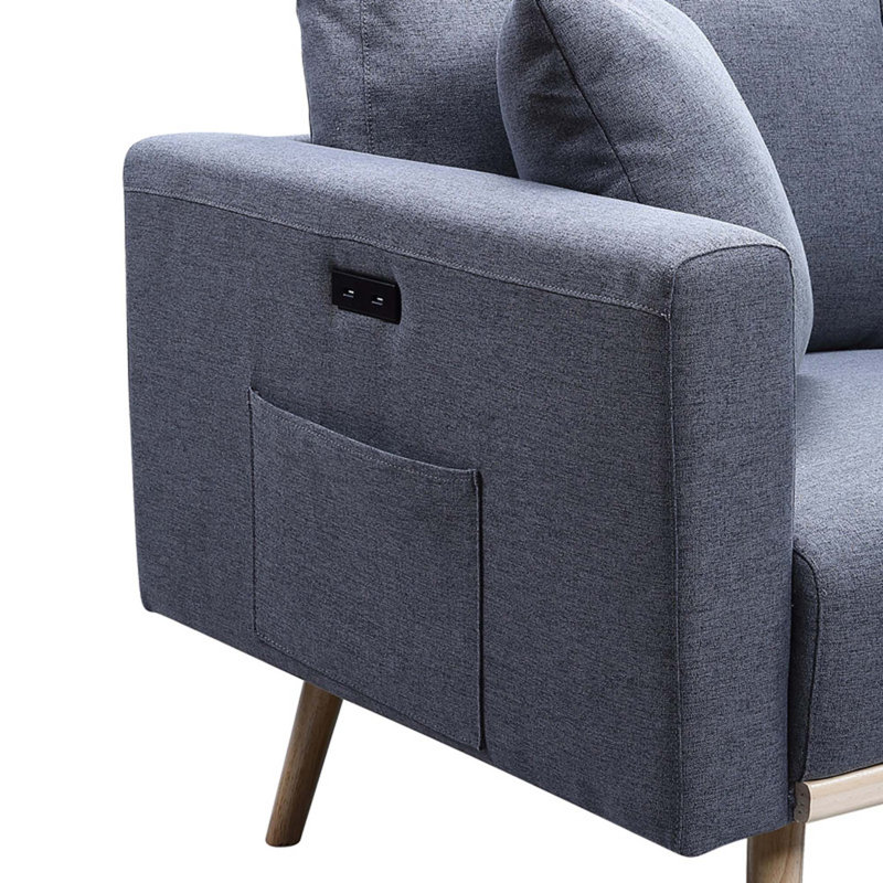 Chaise d'appoint Mid-Century moderne en lin avec ports USB et poches de rangement