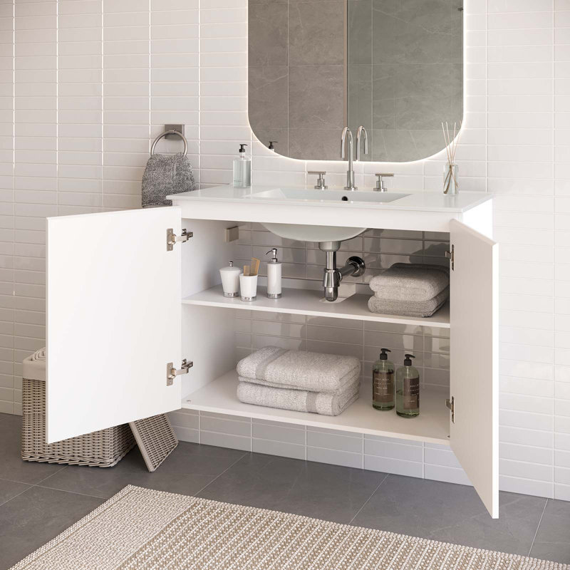Meuble-lavabo mural gris de 36 po Bryn, Blanc, Blanc