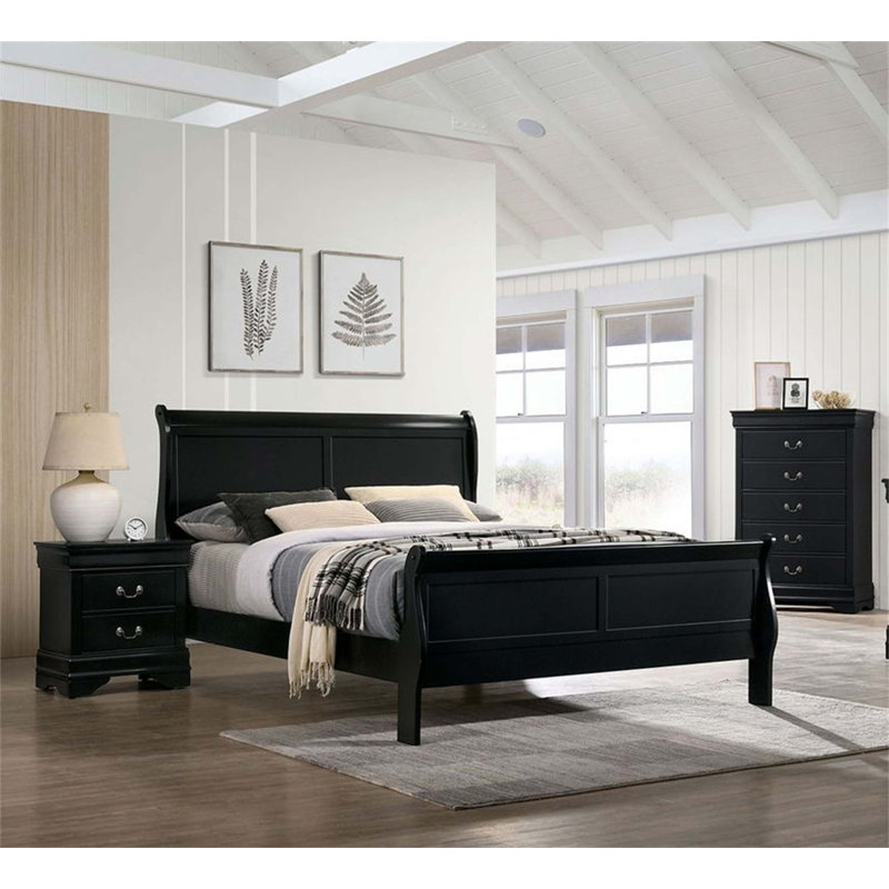 Lit-bateau contemporain en bois massif avec une finition noire élégante, parfait pour le style et le confort de la chambre principale