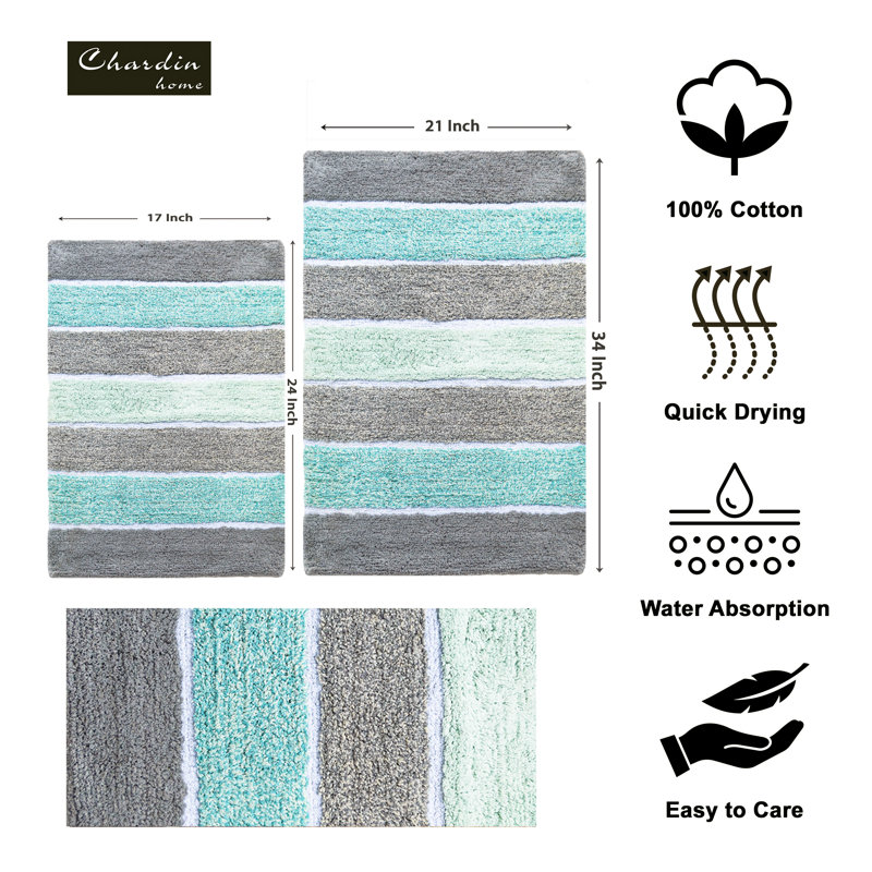 Ensemble de 2 tapis de bain à rayures antidérapants 100% coton Cervantes, Vert menthe, 21''x34''/17''x24''