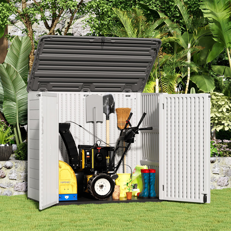 Remise de rangement horizontale pour l'extérieur KINYING, boîte de rangement extérieure de 48 pieds cubes pour jardin, patio et cour arrière, tablettes personnalisables et verrouillables