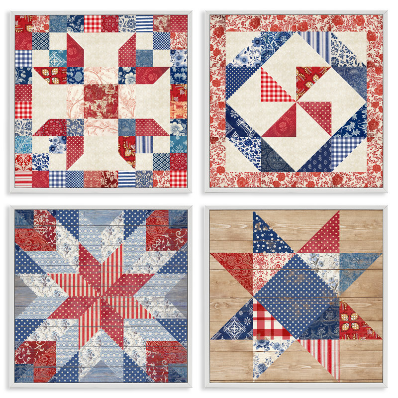 «Classic Patriotic Quilt Patterns», ensemble de 4 impressions sur toile encadrées, design par Susan Arnot, H 17 po x l 68 po