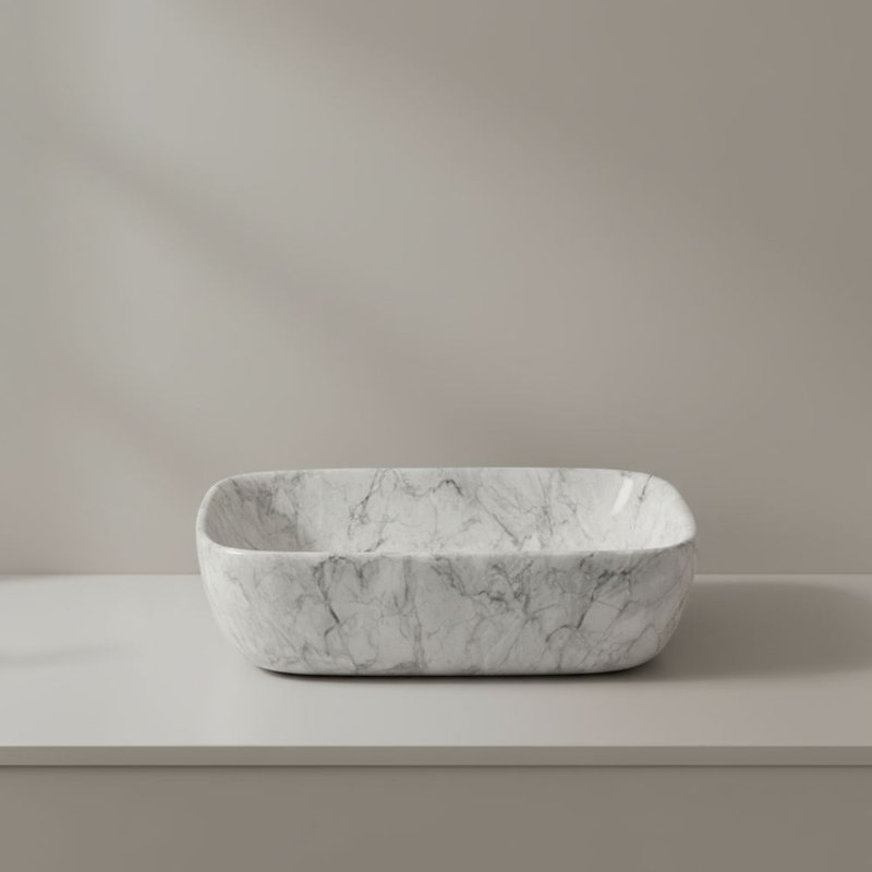 19" White Marble Rectangular Ceramic Vessel Sink, Modern Above Counter Bathroom Basin