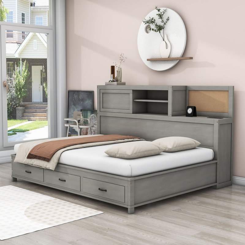 Lit plateforme avec 3 tiroirs Leaty, Complète, gris