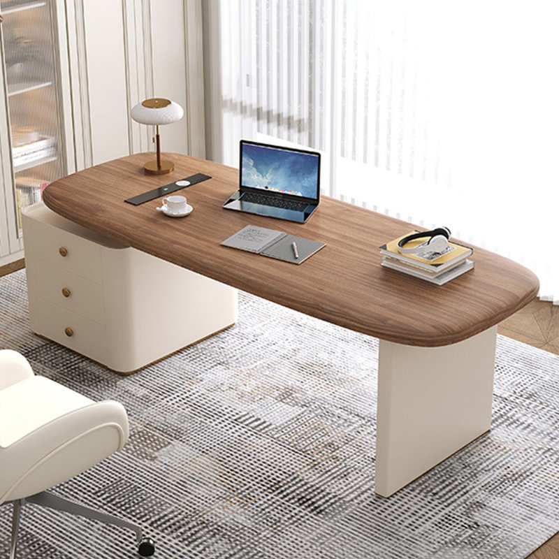Bureau rectangulaire à 3 tiroirs en bois manufacturé brun noisette + blanc beige, H 29,53 po x l 70,87 po x P 27,56 po