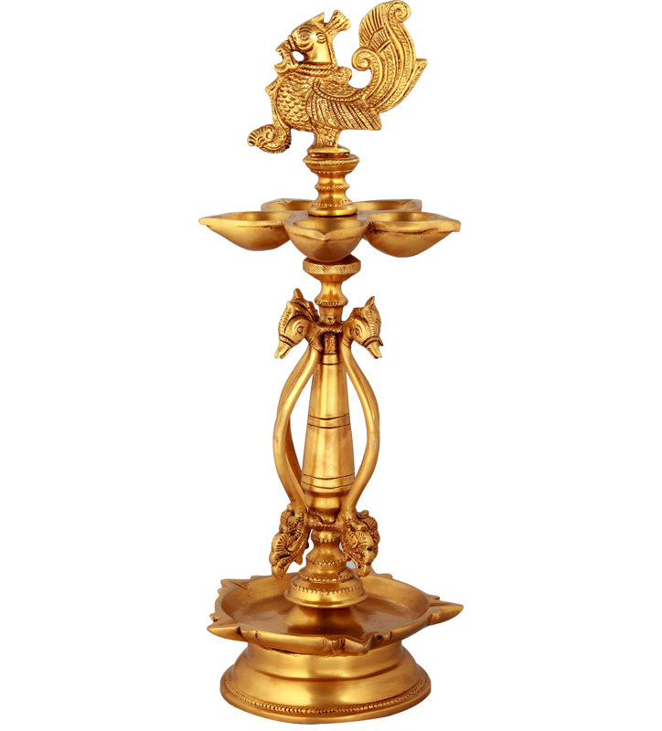 14" Handcrafted Brass Peacock Oil Lamp – Traditional Indian Samai Diya with 5 Wicks – Temple-Grade Gold Finish Home Décor