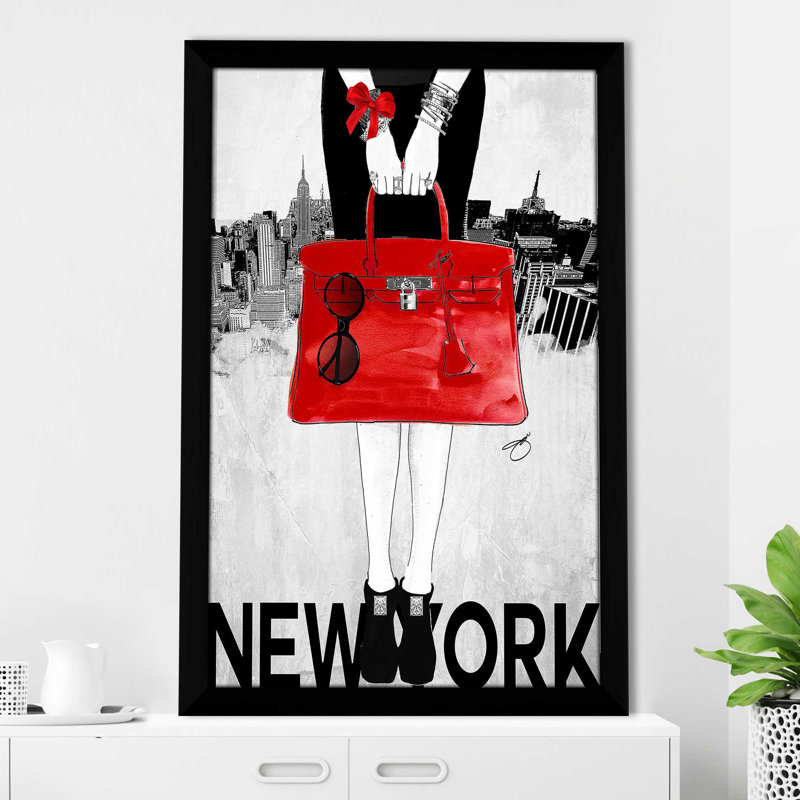 «New York Fashion In Red (Vertical)» par By Jodi - impression, H 27,5 po x l 21,5 po x P 0,75 po, Cadre noir