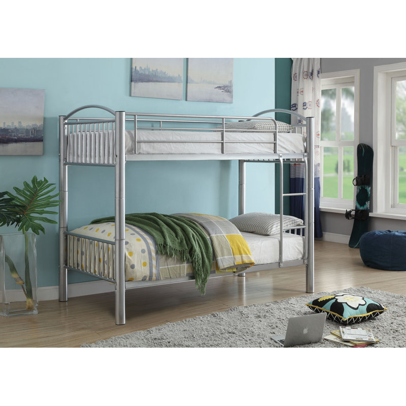 Pharr Contemporary Bunk Bed with Built-in Front Ladder, Silver, Twin over Full