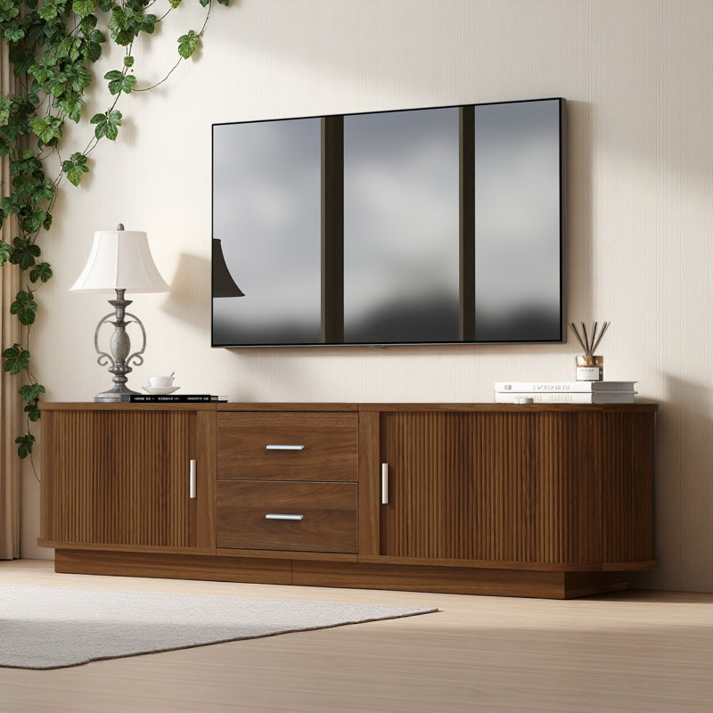 Magnifique meuble télé moderne avec tiroirs, rangement coulissant caché, coins arrondis et surface imperméable qui convient aux téléviseurs de 65 à 70 po