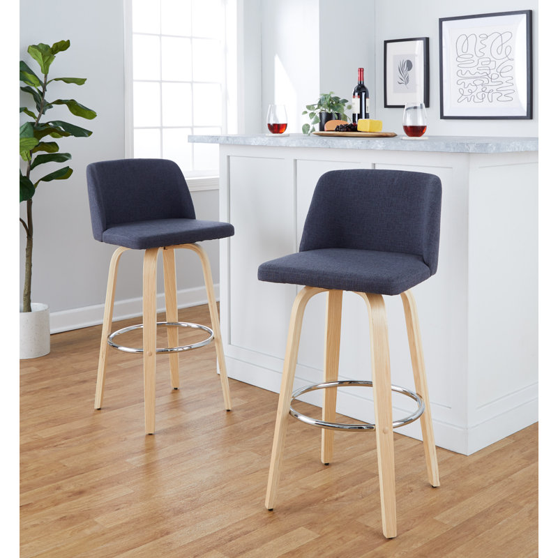 Thea 30" Fixed-Height Bar Stools with Bent Wood Legs & Round Footrest, Natural/Chrome, Blue Polyester Blend