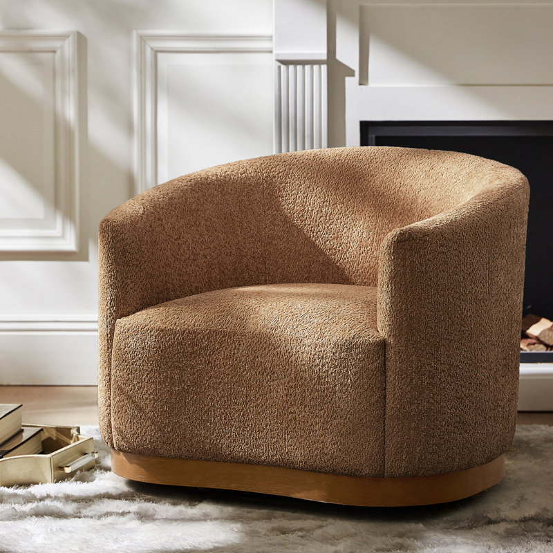 Berklie 31.5"W Modern Boucle Chenille Swivel Barrel Armchair with Ergonomic Backrest and Solid Wood Legs, Caramel