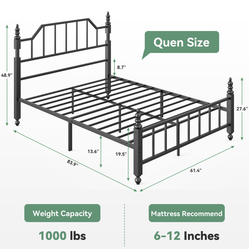 Queen Metal Bed Frames with 48'' Tall Headboard and Spindle Design, Heavy Duty Platform Bed with Under Bed Storag, Black