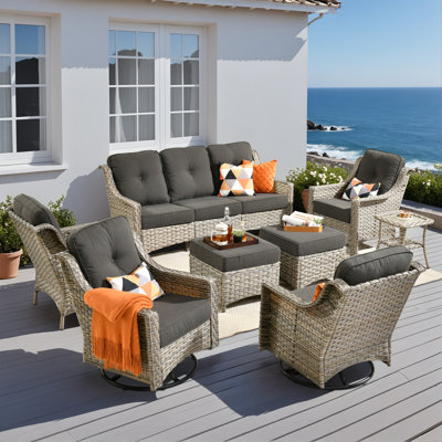 7-Person Outdoor Wicker Patio Furniture Set with Swivel Rocker Chairs&Cushions, All-Weather Rattan Sofa Set for Backyard, Porch & Garden