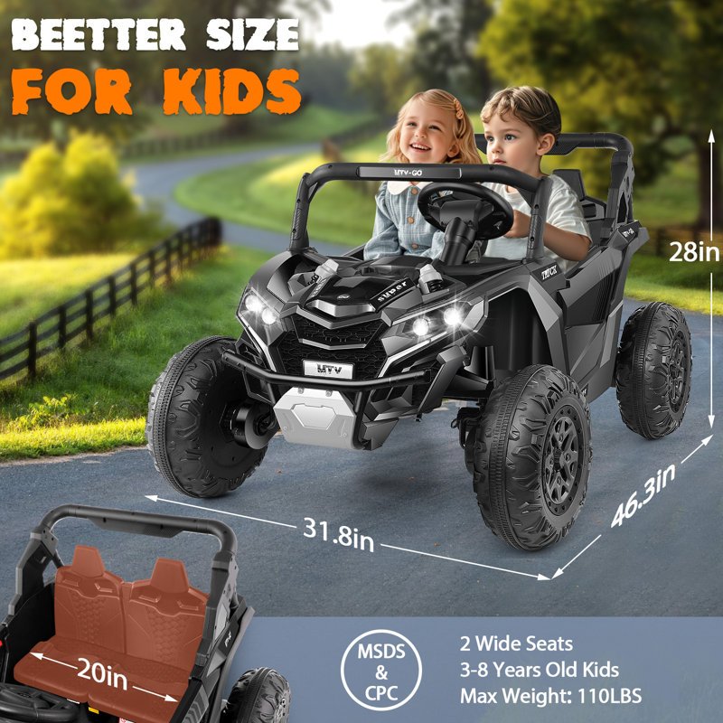 24V Ride On Cars UTV avec 2 sièges, 4 roues électriques pour enfants avec télécommande, rangement, 3 vitesses, musique Bluetooth