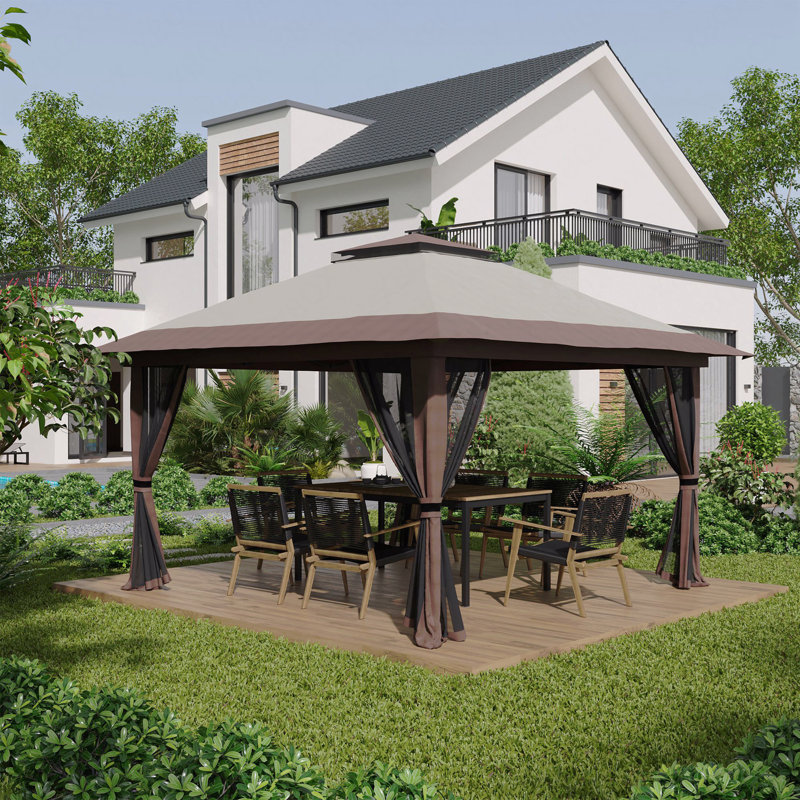 13X13FT Pop Up Gazebo, Mosquito Net For Party Use With Double Roof & Sand Bags (Beige)